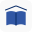 um livro com páginas azuis e um teto de casa acima dele, simbolizando uma escola
